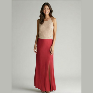 IZ Byer Crochet Bodice & Gauze Halter Neckline Sleeveless Maxi Dress Size Large